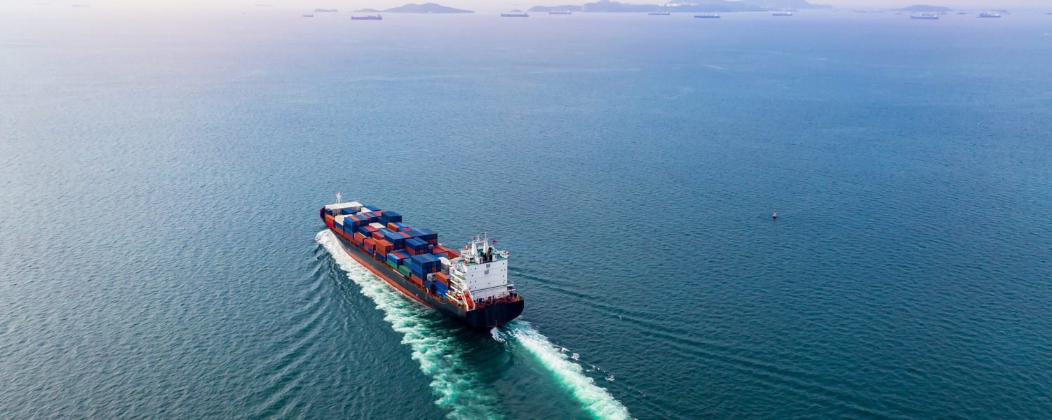 Aerial view container ship, Global business import export commerce trade logistic transportation worldwide by container cargo ship boat in the open sea, Freight shipping maritime.